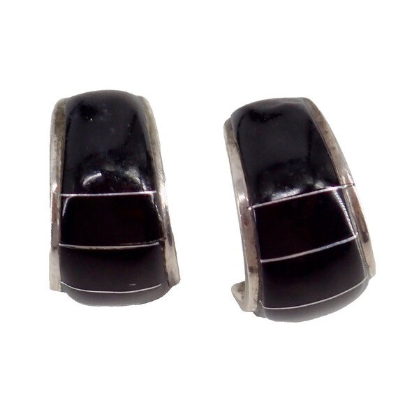 Native American Zuni Sterling Silver Black Onyx Inlaid Hoop Earrings Signed .75" - Picture 1 of 12
